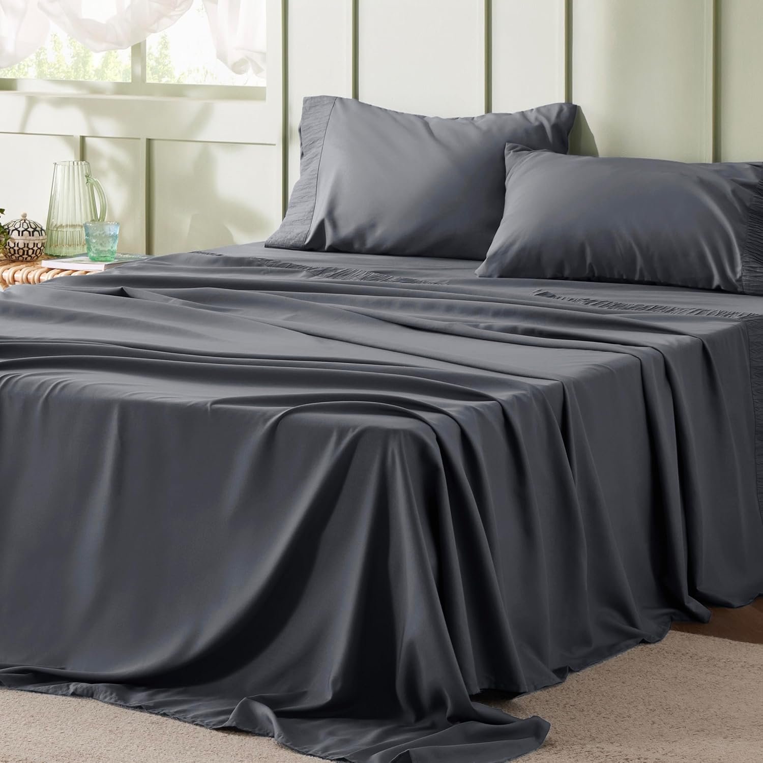 81MtyllvafL._AC_SL1500_.jpg Ruched Hem Microfiber Sheet Set with Brushed Fabric - Image 1